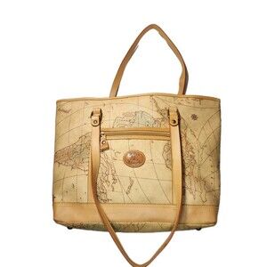 Allan Edward Leather World Map Begie Tote Bag Unique Map Design Shoulder Bag